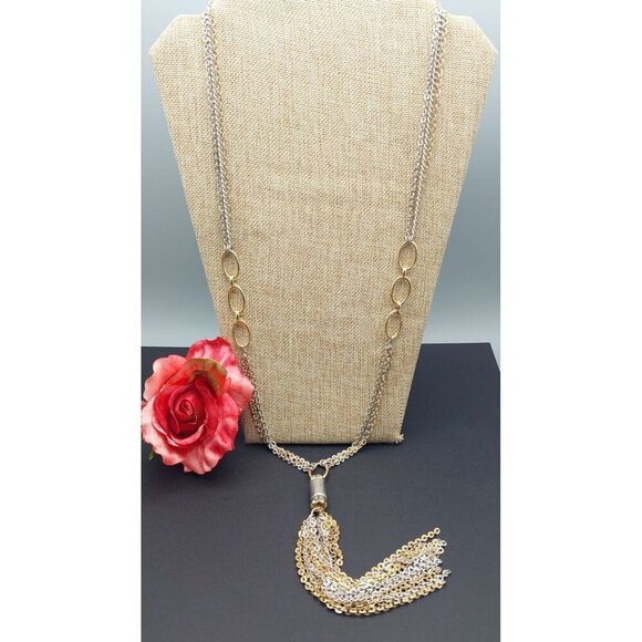 Chico's Two Tone Gold & Silver Multi Chain Pendant Necklace Rhinestone Accents L - Picture 3 of 9